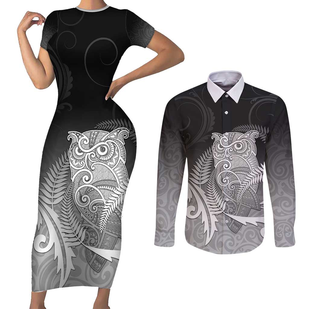 New Zealand Aotearoa Ruru Couples Matching Short Sleeve Bodycon Dress and Long Sleeve Button Shirt Maori Fern Art Black LT05 Black - Polynesian Pride