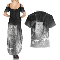 New Zealand Aotearoa Ruru Couples Matching Summer Maxi Dress and Hawaiian Shirt Maori Fern Art Black LT05 - Polynesian Pride