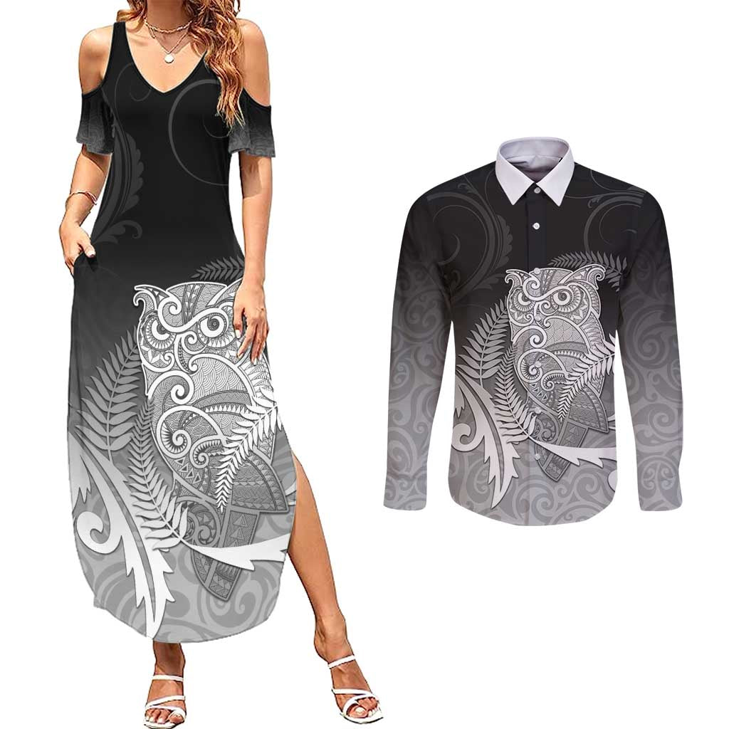 New Zealand Aotearoa Ruru Couples Matching Summer Maxi Dress and Long Sleeve Button Shirt Maori Fern Art Black LT05 Black - Polynesian Pride