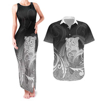 New Zealand Aotearoa Ruru Couples Matching Tank Maxi Dress and Hawaiian Shirt Maori Fern Art Black LT05 Black - Polynesian Pride