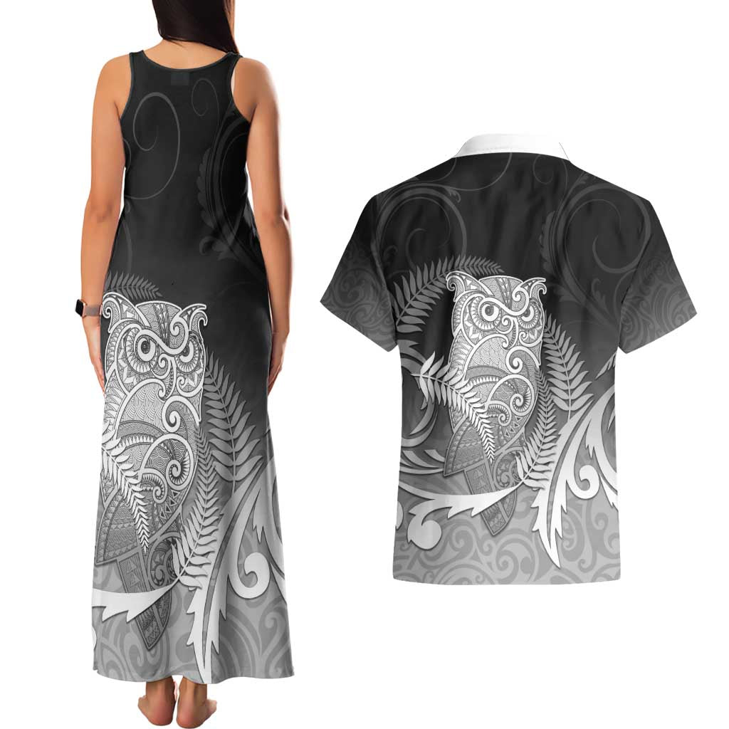 New Zealand Aotearoa Ruru Couples Matching Tank Maxi Dress and Hawaiian Shirt Maori Fern Art Black LT05 - Polynesian Pride