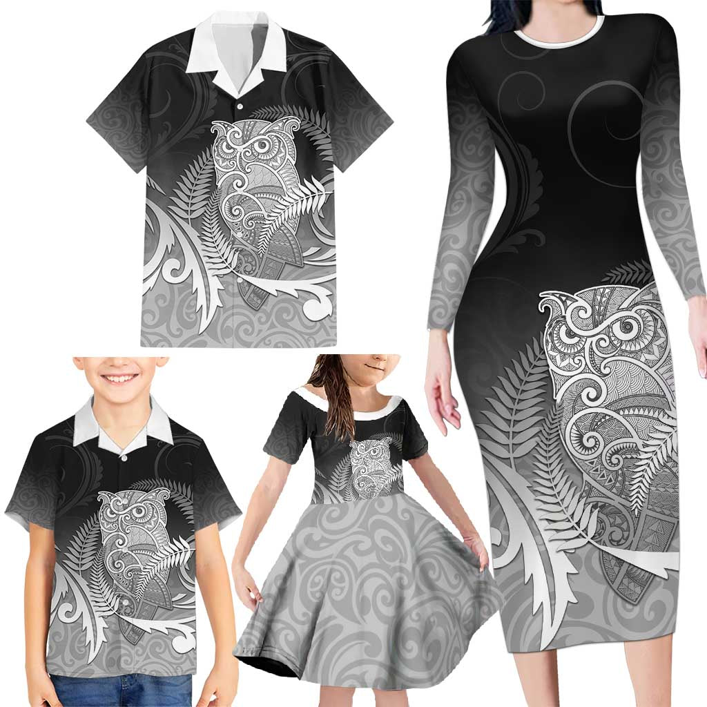 New Zealand Aotearoa Ruru Family Matching Long Sleeve Bodycon Dress and Hawaiian Shirt Maori Fern Art Black LT05 - Polynesian Pride