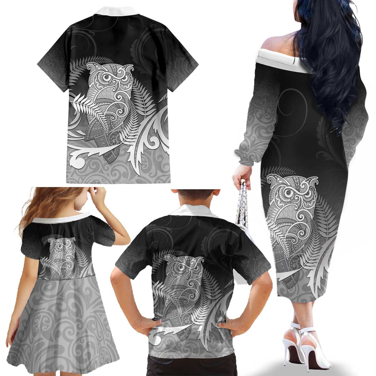 New Zealand Aotearoa Ruru Family Matching Off The Shoulder Long Sleeve Dress and Hawaiian Shirt Maori Fern Art Black LT05 - Polynesian Pride