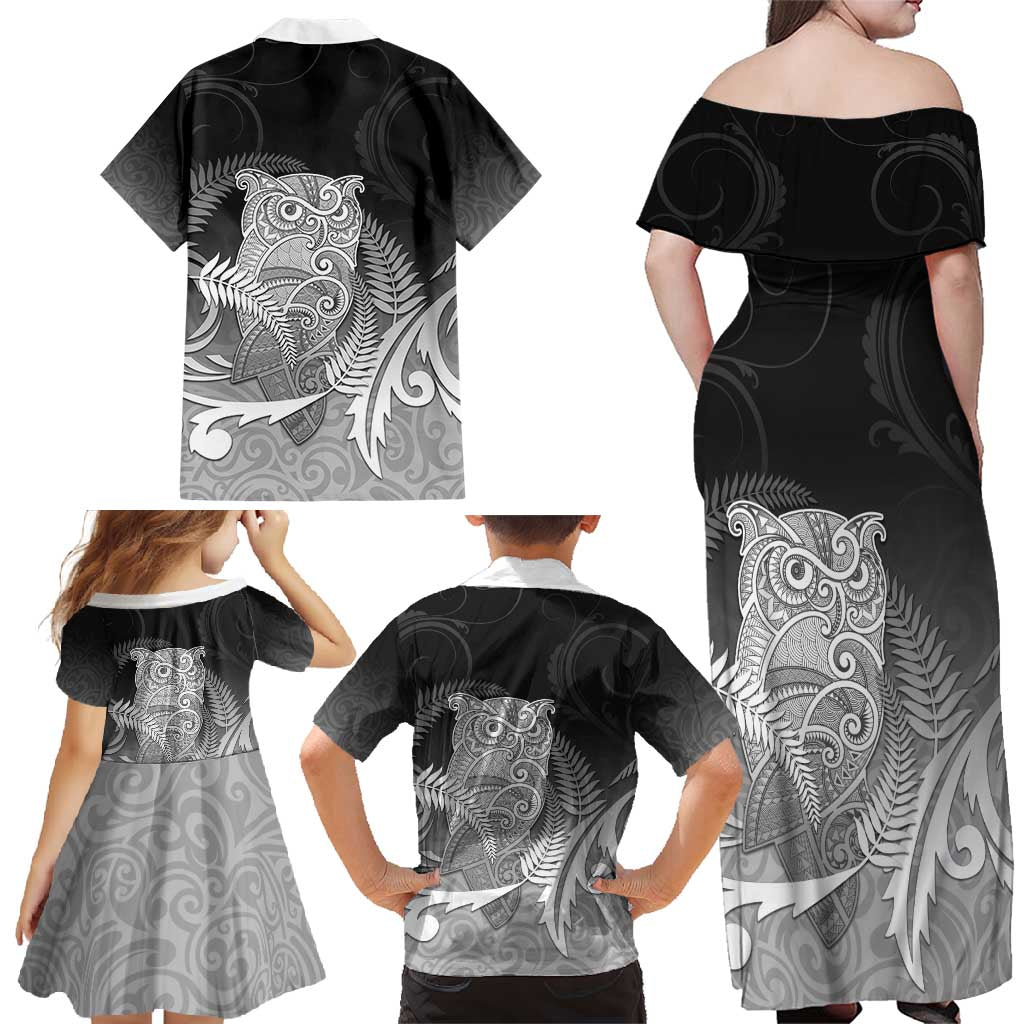 New Zealand Aotearoa Ruru Family Matching Off Shoulder Maxi Dress and Hawaiian Shirt Maori Fern Art Black LT05 - Polynesian Pride