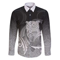New Zealand Aotearoa Ruru Family Matching Off Shoulder Maxi Dress and Hawaiian Shirt Maori Fern Art Black LT05 Dad's Shirt - Long Sleeve Black - Polynesian Pride
