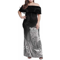 New Zealand Aotearoa Ruru Family Matching Off Shoulder Maxi Dress and Hawaiian Shirt Maori Fern Art Black LT05 Mom's Dress Black - Polynesian Pride