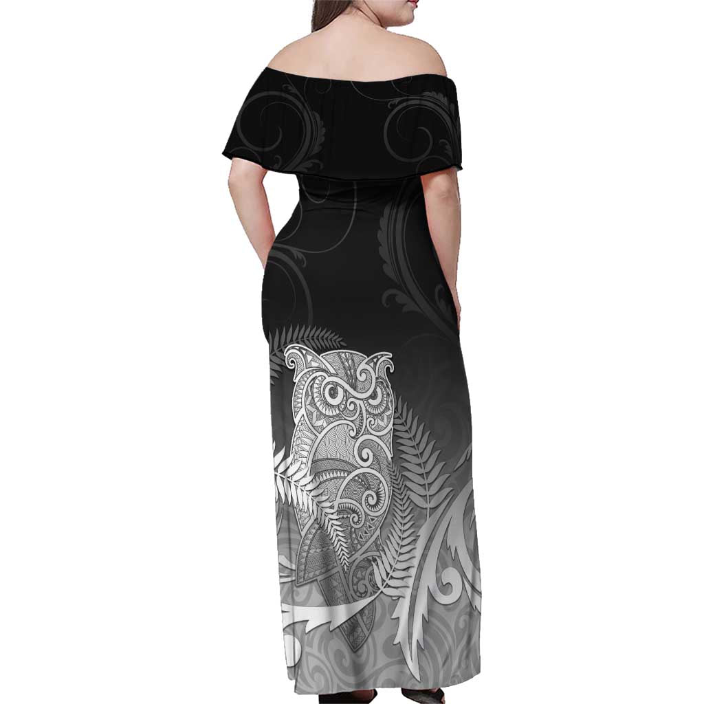 New Zealand Aotearoa Ruru Family Matching Off Shoulder Maxi Dress and Hawaiian Shirt Maori Fern Art Black LT05 - Polynesian Pride