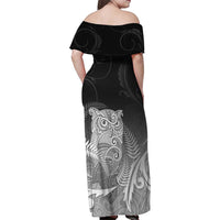 New Zealand Aotearoa Ruru Family Matching Off Shoulder Maxi Dress and Hawaiian Shirt Maori Fern Art Black LT05 - Polynesian Pride