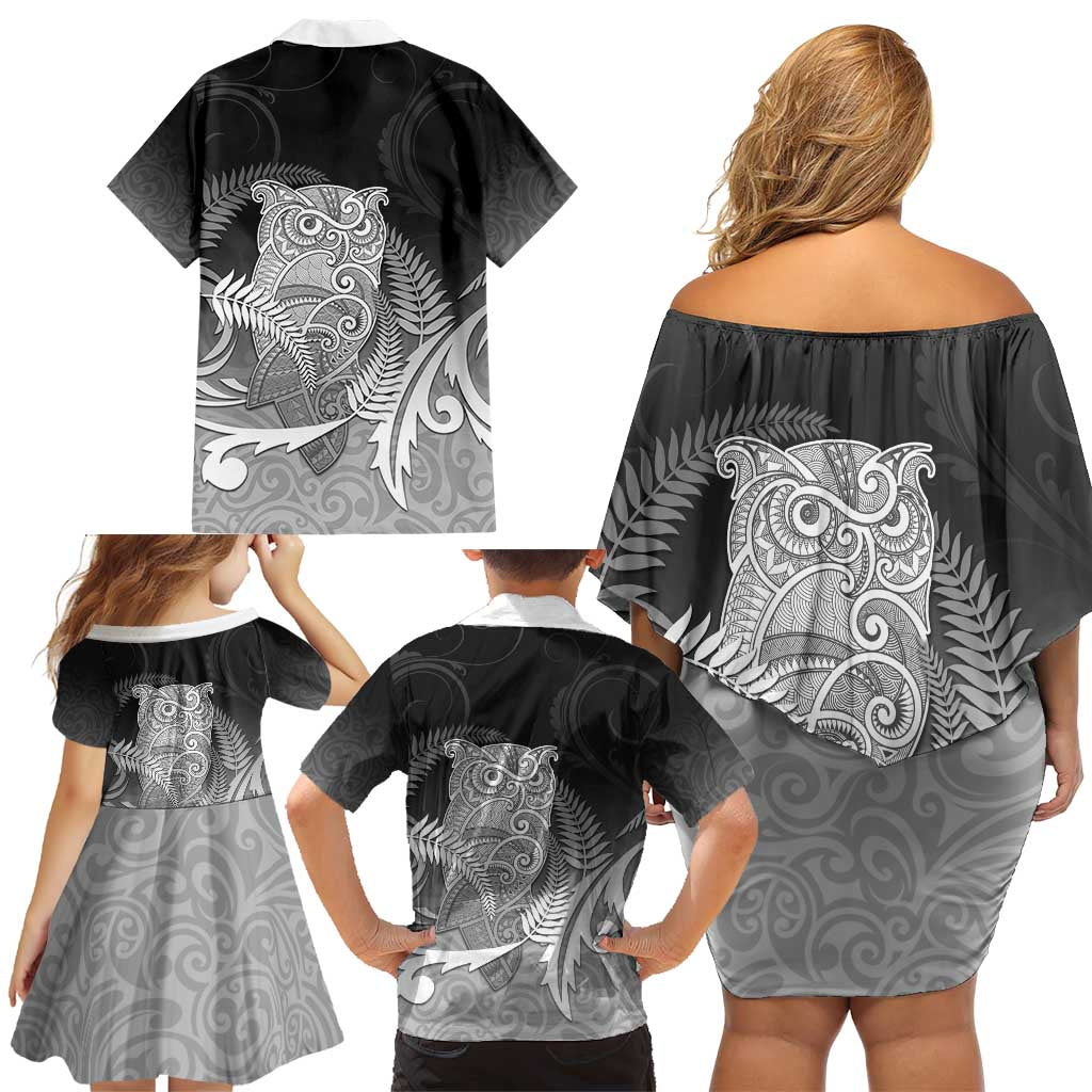 New Zealand Aotearoa Ruru Family Matching Off Shoulder Short Dress and Hawaiian Shirt Maori Fern Art Black LT05 - Polynesian Pride