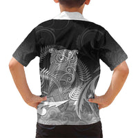 New Zealand Aotearoa Ruru Family Matching Short Sleeve Bodycon Dress and Hawaiian Shirt Maori Fern Art Black LT05 - Polynesian Pride