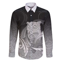 New Zealand Aotearoa Ruru Family Matching Short Sleeve Bodycon Dress and Hawaiian Shirt Maori Fern Art Black LT05 Dad's Shirt - Long Sleeve Black - Polynesian Pride