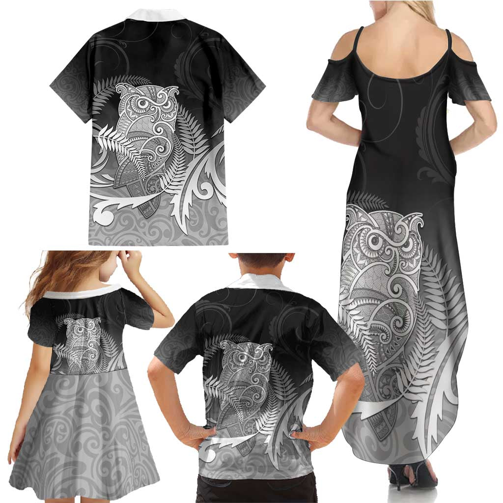 New Zealand Aotearoa Ruru Family Matching Summer Maxi Dress and Hawaiian Shirt Maori Fern Art Black LT05 - Polynesian Pride