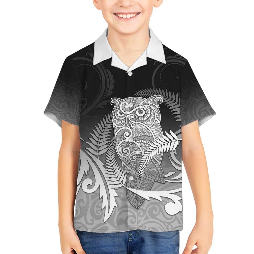 New Zealand Aotearoa Ruru Family Matching Summer Maxi Dress and Hawaiian Shirt Maori Fern Art Black LT05 Son's Shirt Black - Polynesian Pride