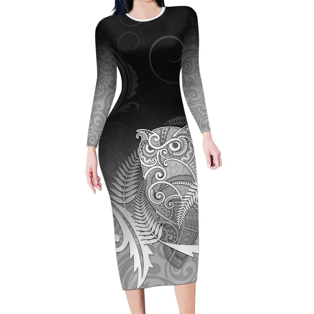 New Zealand Aotearoa Ruru Long Sleeve Bodycon Dress Maori Fern Art Black