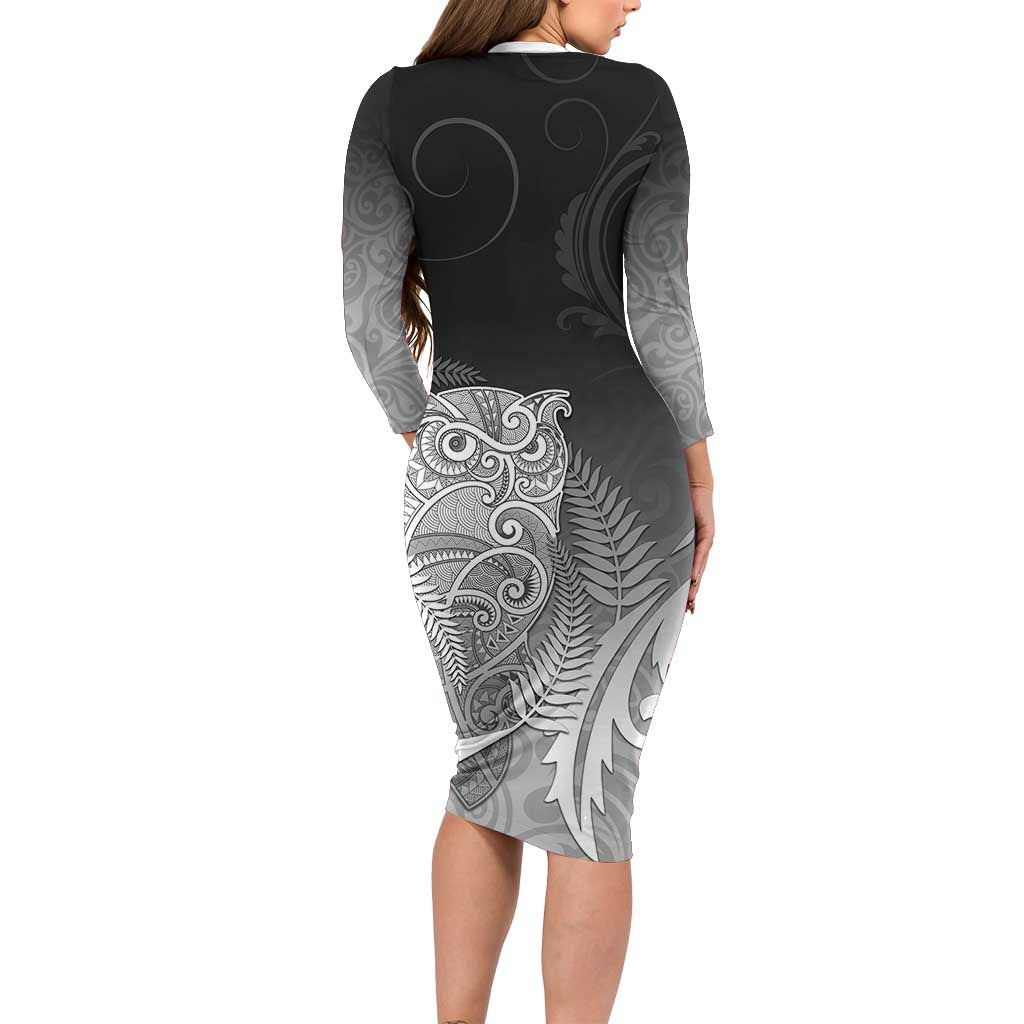 New Zealand Aotearoa Ruru Long Sleeve Bodycon Dress Maori Fern Art Black LT05 - Polynesian Pride