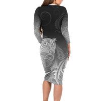 New Zealand Aotearoa Ruru Long Sleeve Bodycon Dress Maori Fern Art Black LT05 - Polynesian Pride