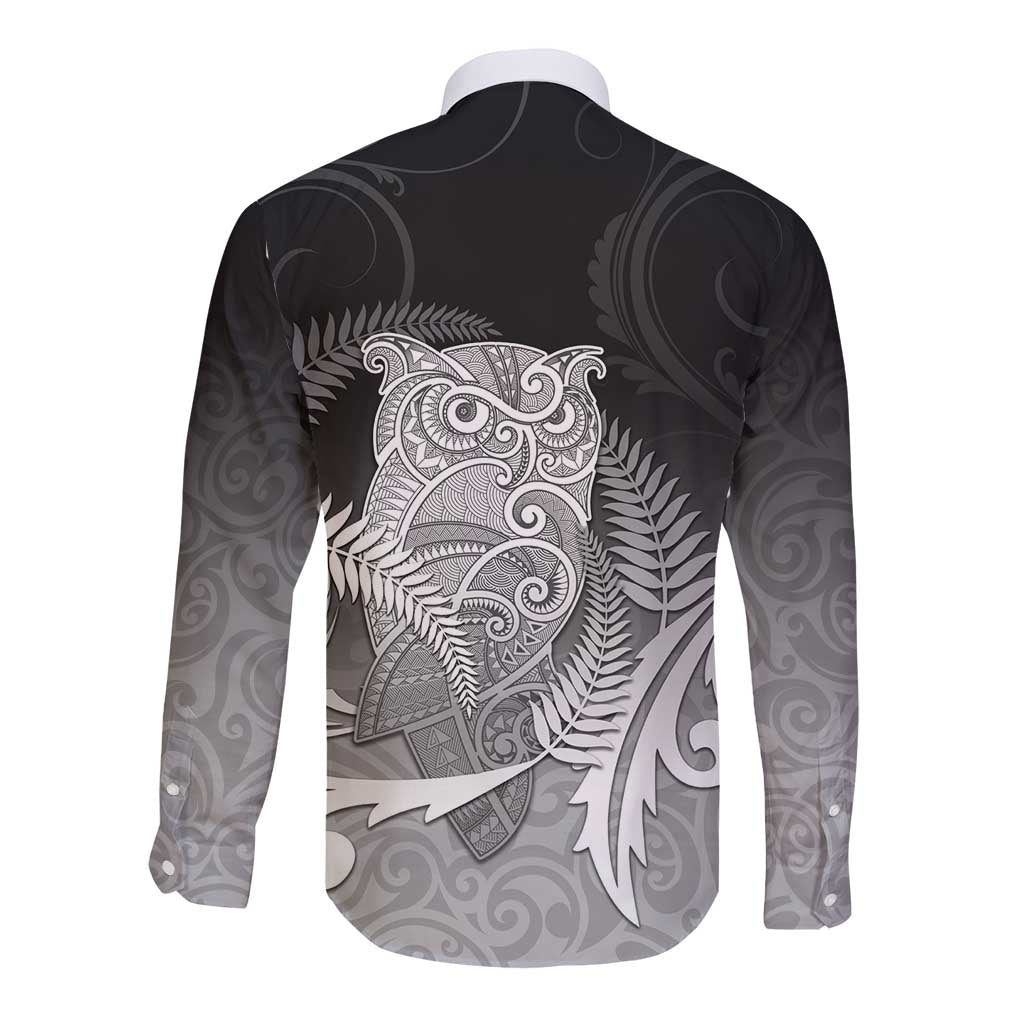 New Zealand Aotearoa Ruru Long Sleeve Button Shirt Maori Fern Art Black
