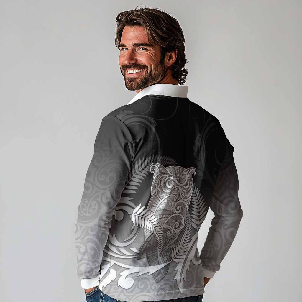 New Zealand Aotearoa Ruru Long Sleeve Polo Shirt Maori Fern Art Black