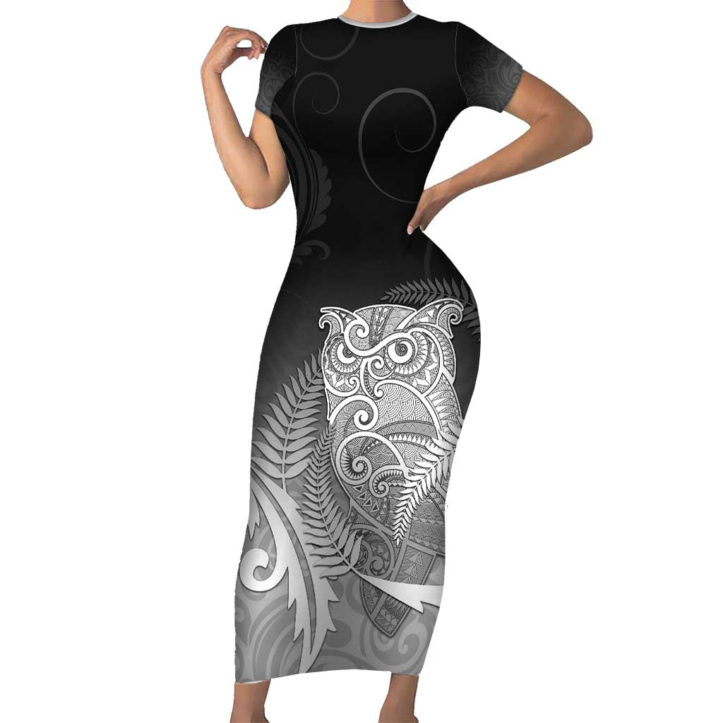 New Zealand Aotearoa Ruru Short Sleeve Bodycon Dress Maori Fern Art Black LT05 Long Dress Black - Polynesian Pride