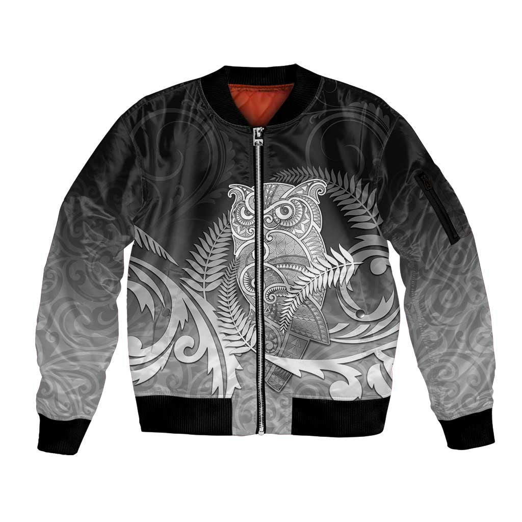 New Zealand Aotearoa Ruru Sleeve Zip Bomber Jacket Maori Fern Art Black LT05 Unisex Black - Polynesian Pride