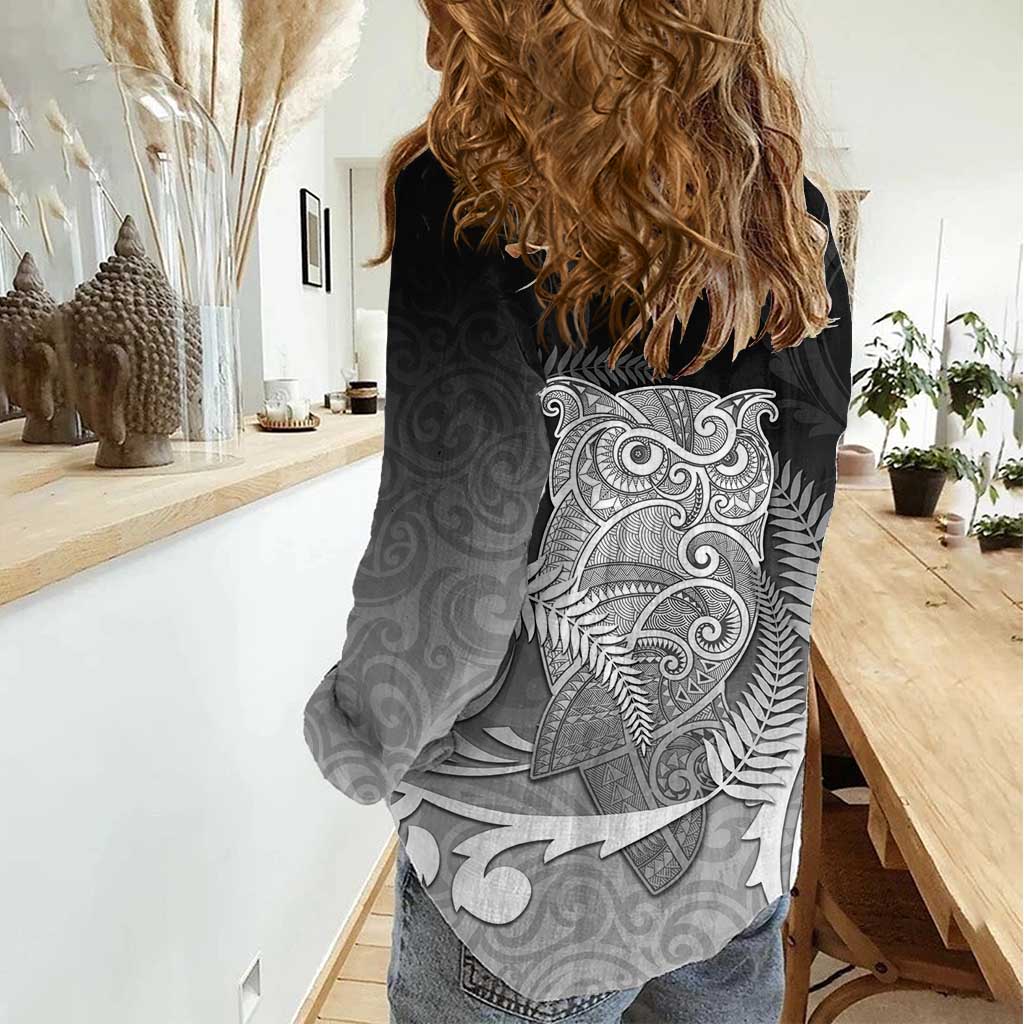New Zealand Aotearoa Ruru Women Casual Shirt Maori Fern Art Black LT05 - Polynesian Pride