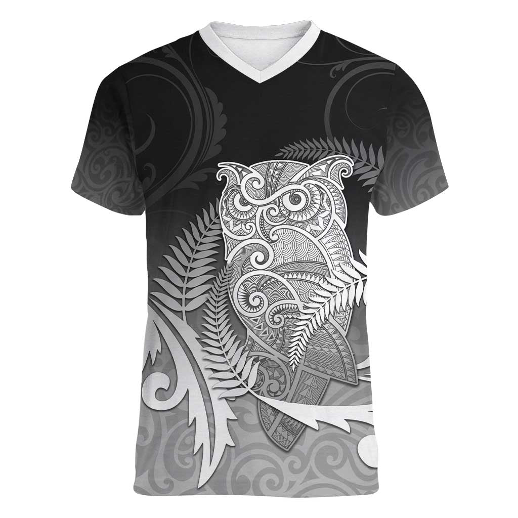 New Zealand Aotearoa Ruru Women V-Neck T-Shirt Maori Fern Art Black