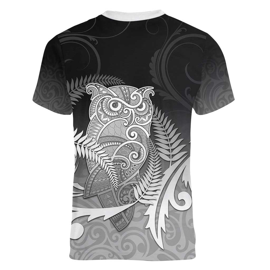 New Zealand Aotearoa Ruru Women V-Neck T-Shirt Maori Fern Art Black