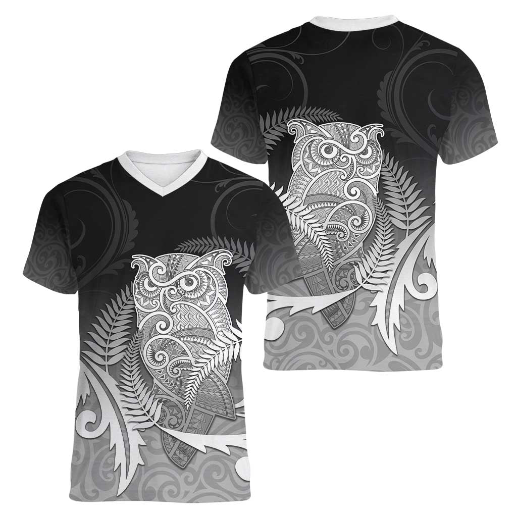 New Zealand Aotearoa Ruru Women V-Neck T-Shirt Maori Fern Art Black