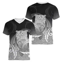 New Zealand Aotearoa Ruru Women V-Neck T-Shirt Maori Fern Art Black