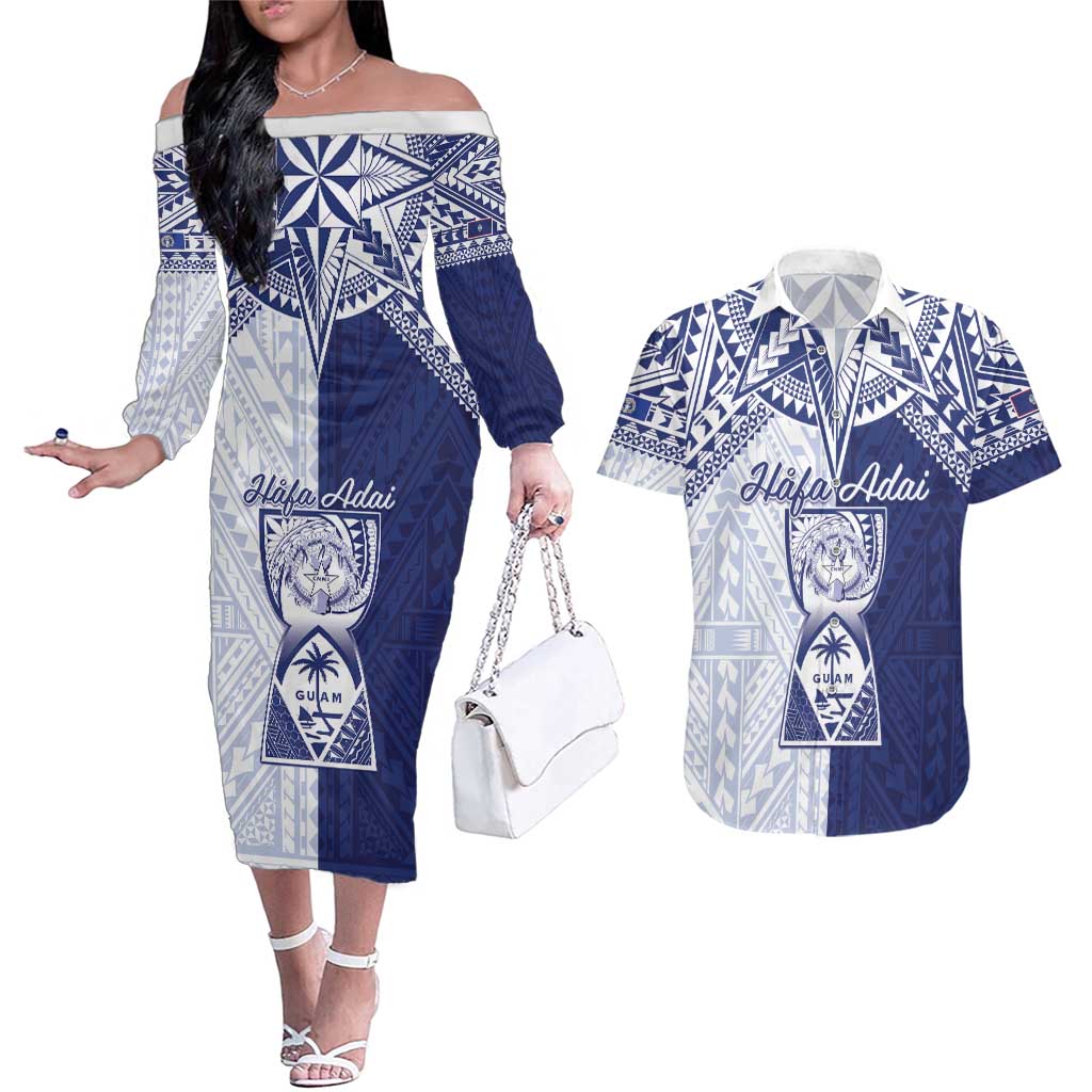 Personalised Northern Mariana Islands And Guam Couples Matching Off The Shoulder Long Sleeve Dress and Hawaiian Shirt Latte Stone With Tribal Pattern LT05 Blue - Polynesian Pride