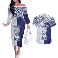 Personalised Northern Mariana Islands And Guam Couples Matching Off The Shoulder Long Sleeve Dress and Hawaiian Shirt Latte Stone With Tribal Pattern LT05 Blue - Polynesian Pride