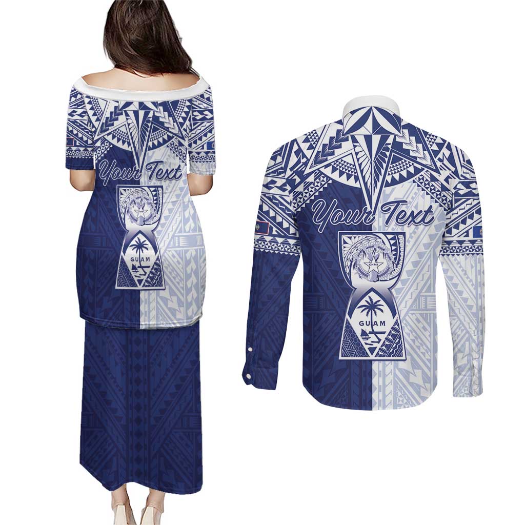 Personalised Northern Mariana Islands And Guam Couples Matching Puletasi and Long Sleeve Button Shirt Latte Stone With Tribal Pattern