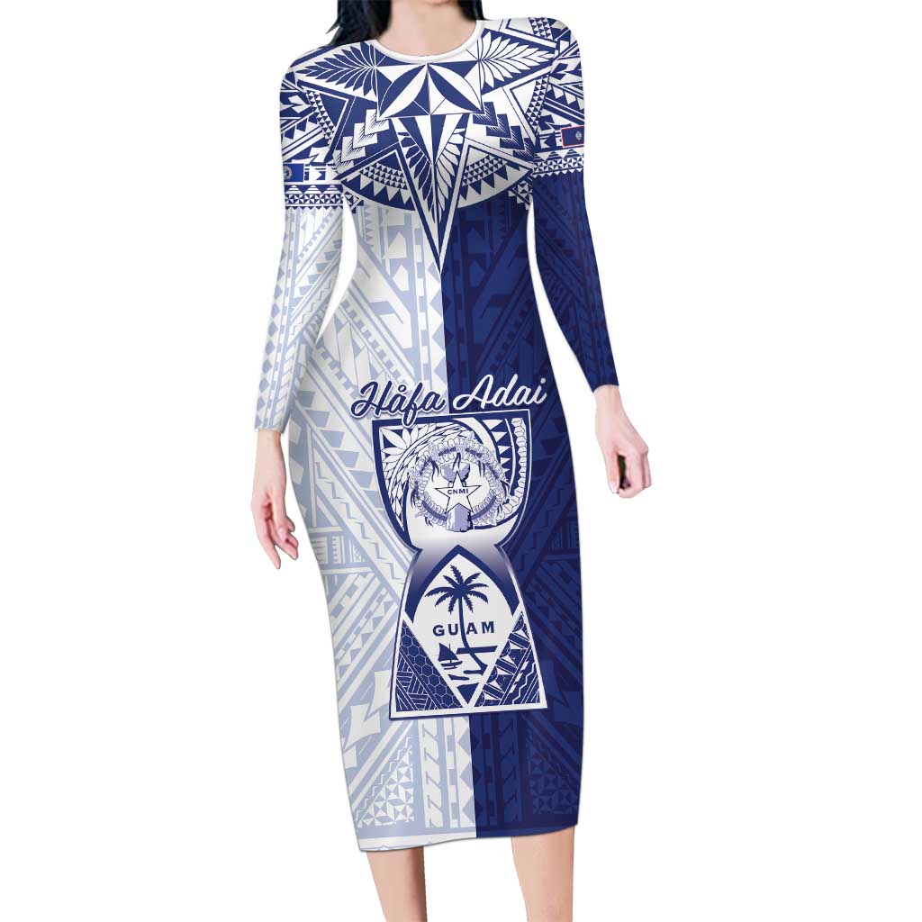 Personalised Northern Mariana Islands And Guam Family Matching Long Sleeve Bodycon Dress and Hawaiian Shirt Latte Stone With Tribal Pattern LT05 Mom's Dress Blue - Polynesian Pride