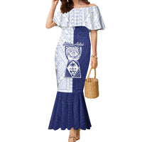 Personalised Northern Mariana Islands And Guam Family Matching Mermaid Dress and Hawaiian Shirt Latte Stone With Tribal Pattern LT05 Mom's Dress Blue - Polynesian Pride