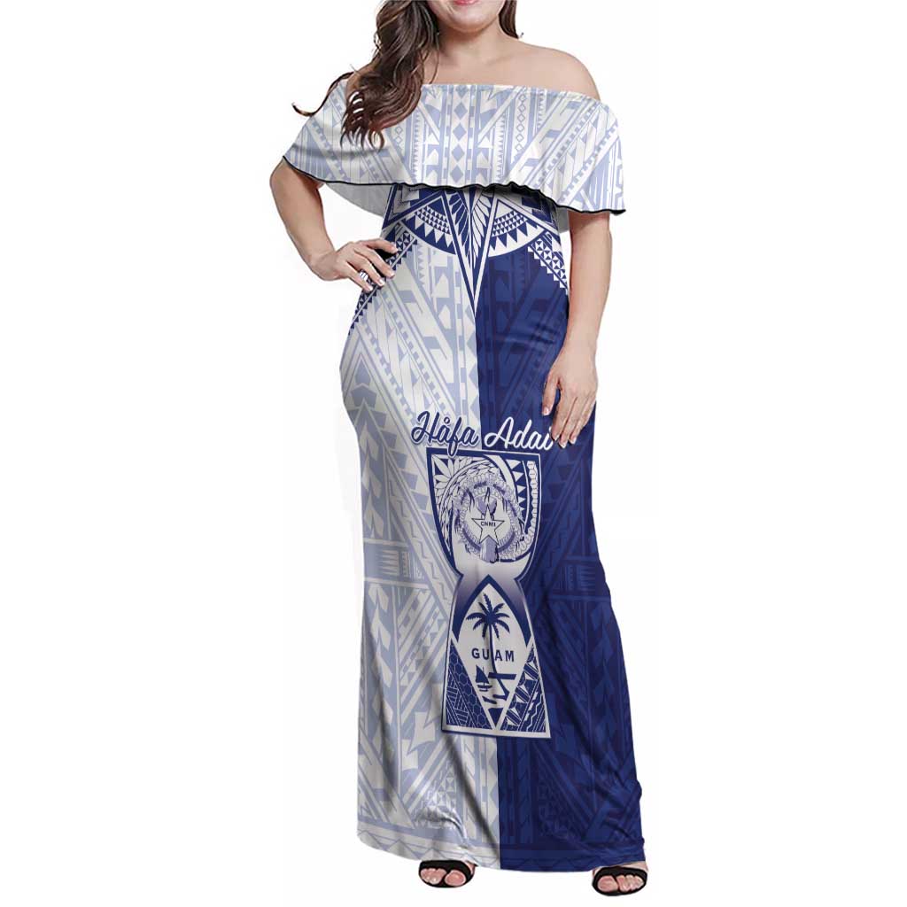 Personalised Northern Mariana Islands And Guam Family Matching Off Shoulder Maxi Dress and Hawaiian Shirt Latte Stone With Tribal Pattern LT05 Mom's Dress Blue - Polynesian Pride