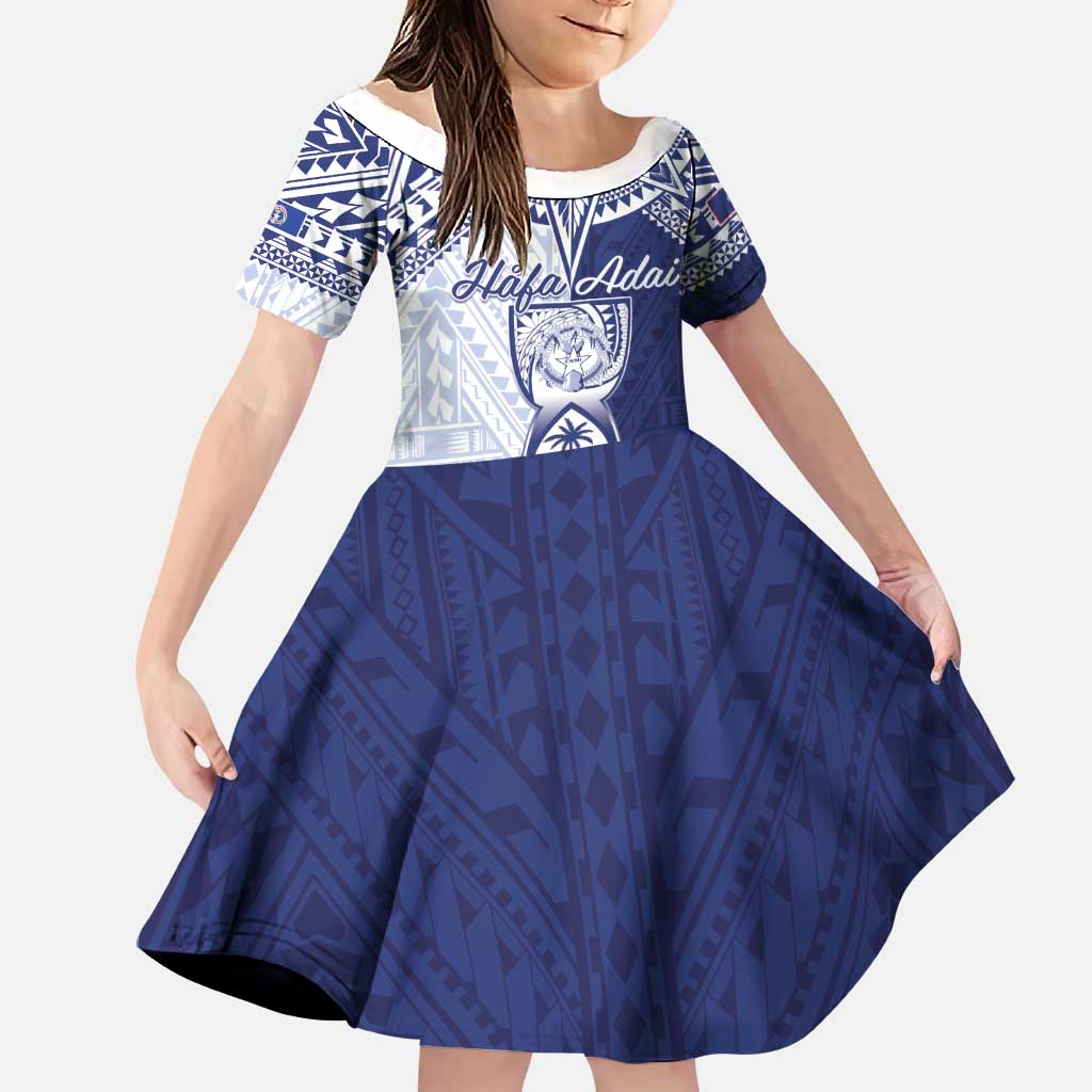 Personalised Northern Mariana Islands And Guam Family Matching Off Shoulder Short Dress and Hawaiian Shirt Latte Stone With Tribal Pattern LT05 Daughter's Dress Blue - Polynesian Pride