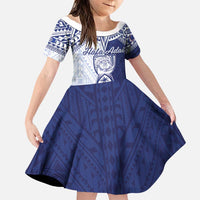 Personalised Northern Mariana Islands And Guam Family Matching Off Shoulder Short Dress and Hawaiian Shirt Latte Stone With Tribal Pattern LT05 Daughter's Dress Blue - Polynesian Pride