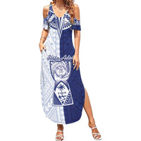 Personalised Northern Mariana Islands And Guam Family Matching Summer Maxi Dress and Hawaiian Shirt Latte Stone With Tribal Pattern LT05 Mom's Dress Blue - Polynesian Pride