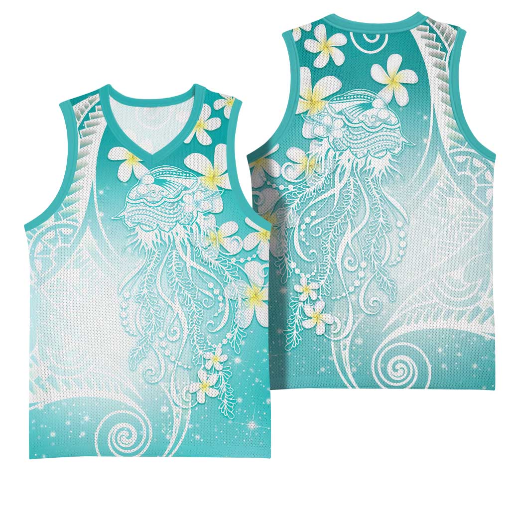 Polynesian Jellyfish Basketball Jersey With Plumeria Teal