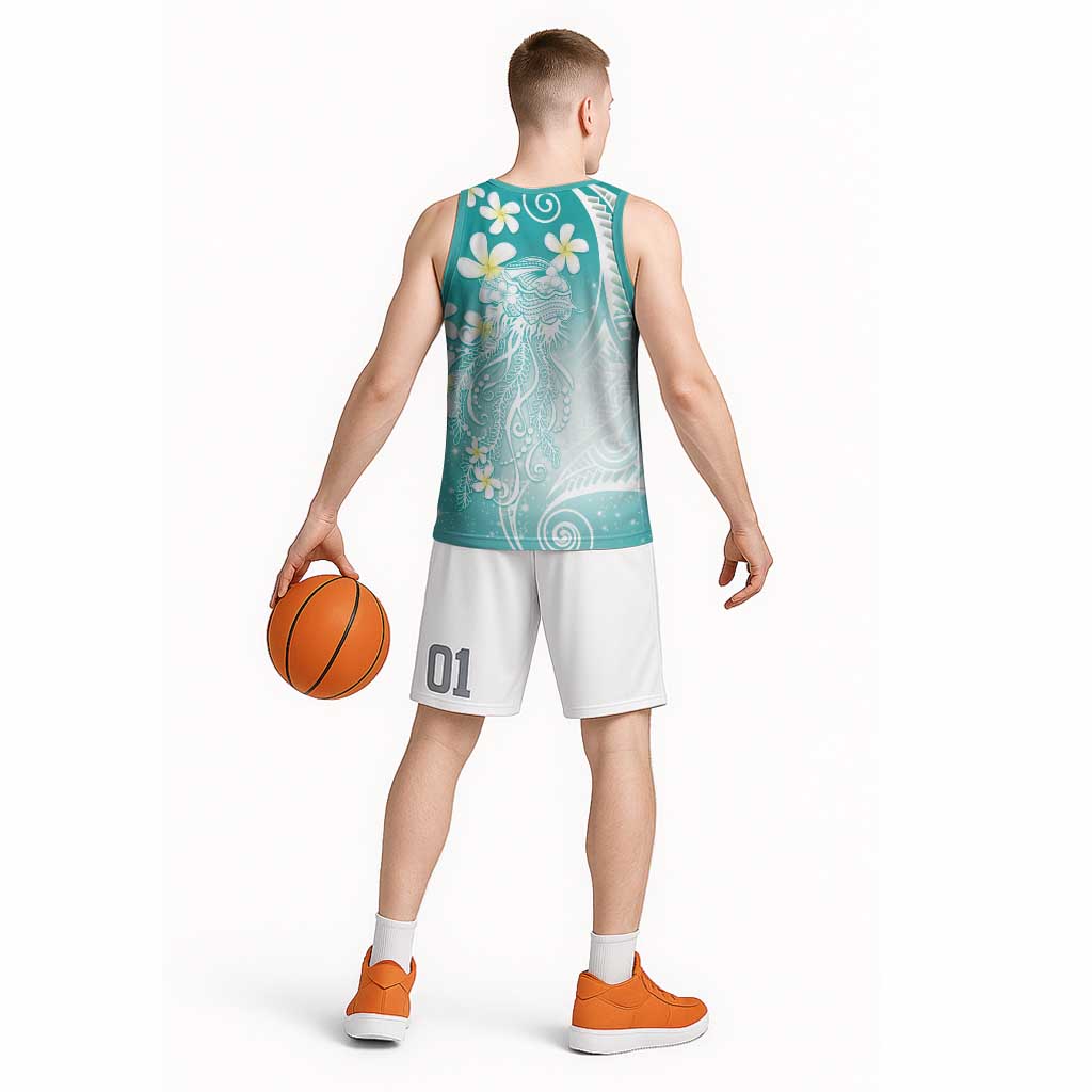 Polynesian Jellyfish Basketball Jersey With Plumeria Teal