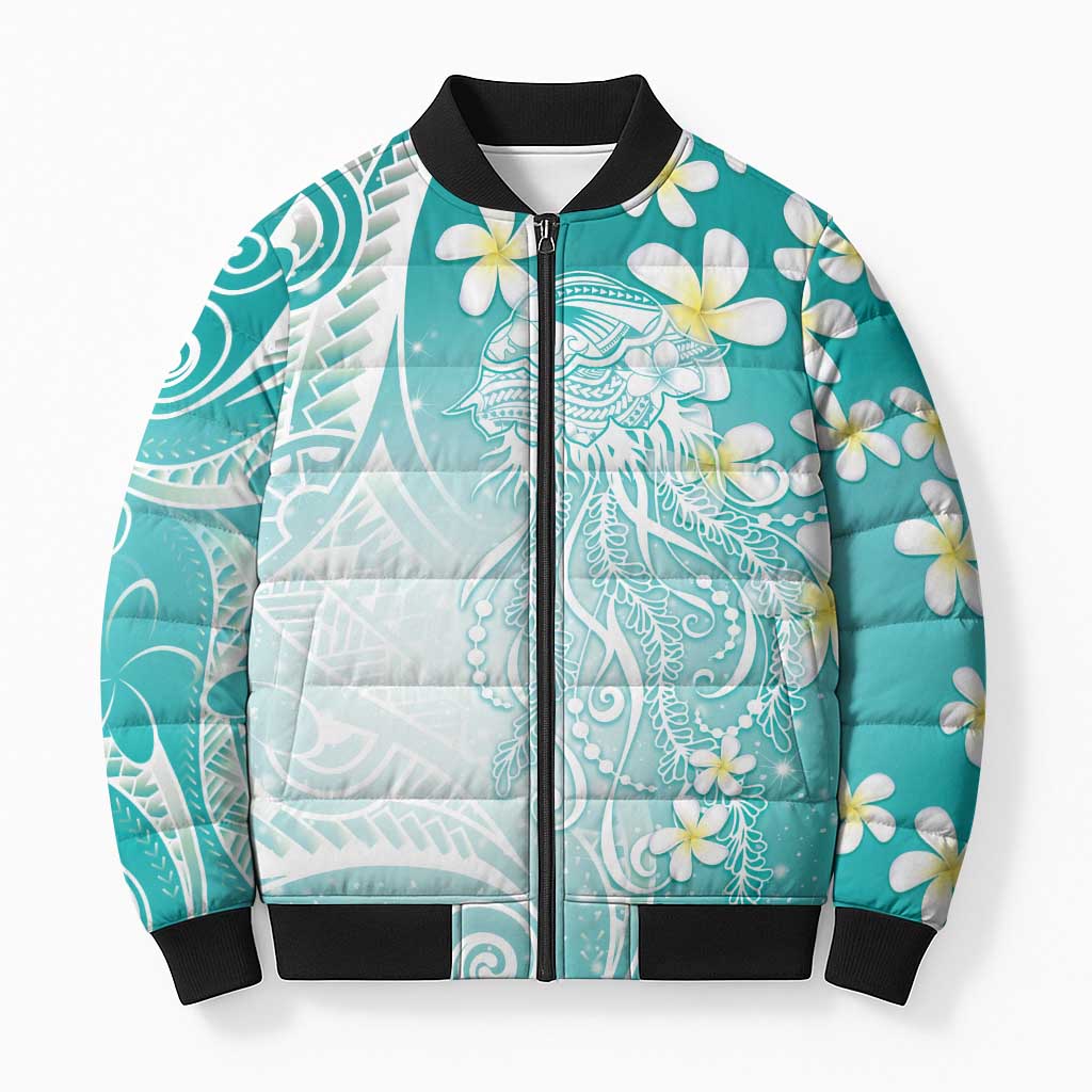 Polynesian Jellyfish Bomber Puffer Jacket With Plumeria Teal LT05 Unisex Teal - Polynesian Pride