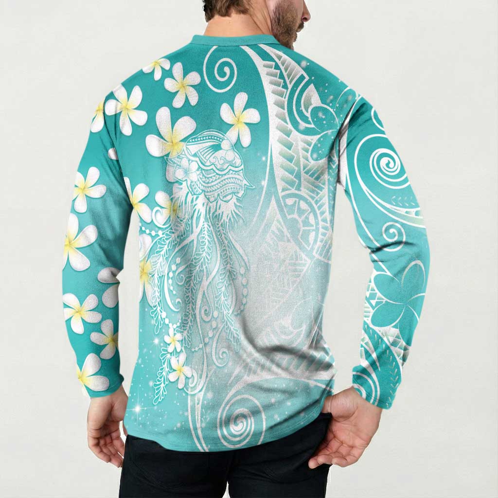 Polynesian Jellyfish Button Sweatshirt With Plumeria Teal