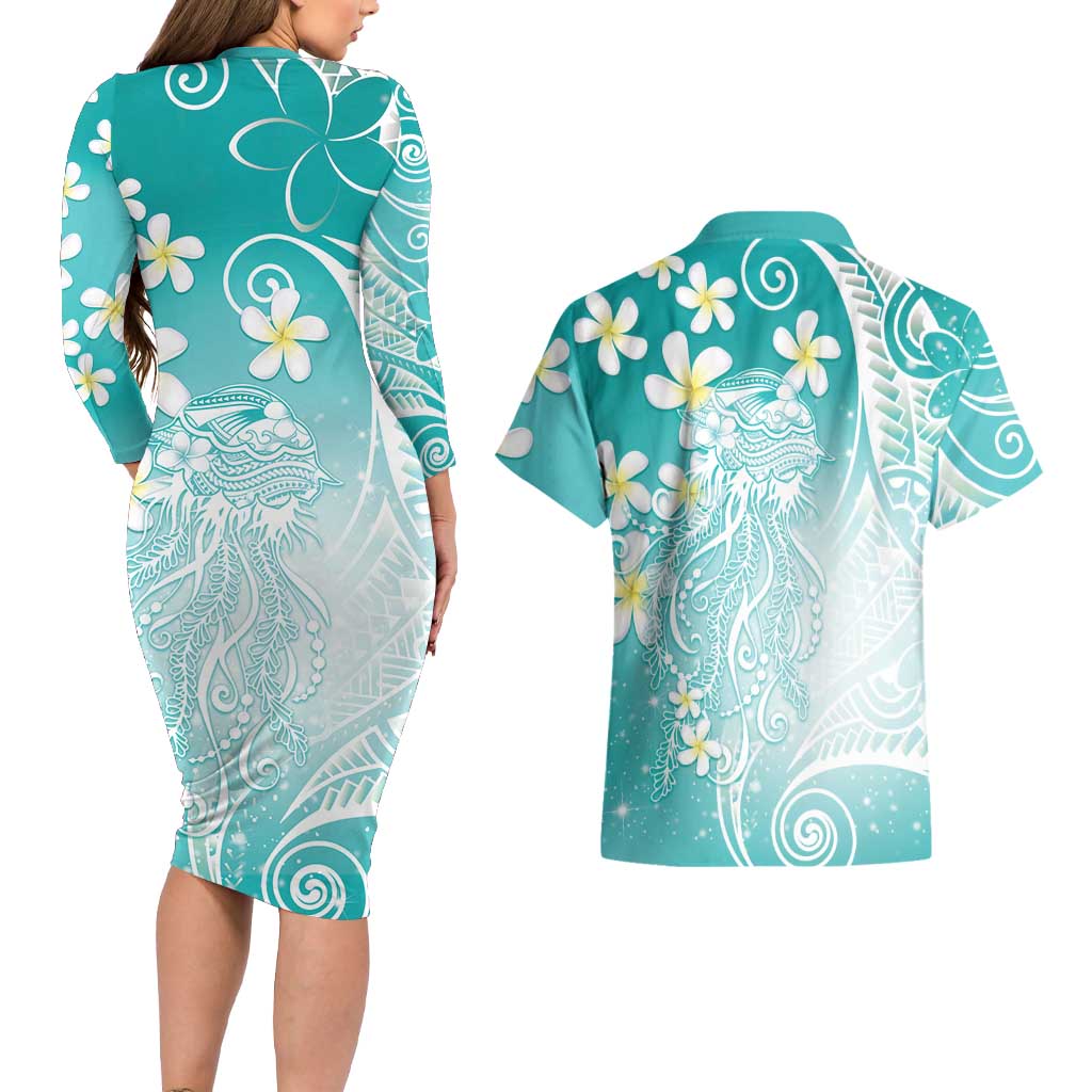 Polynesian Jellyfish Couples Matching Long Sleeve Bodycon Dress and Hawaiian Shirt With Plumeria Teal