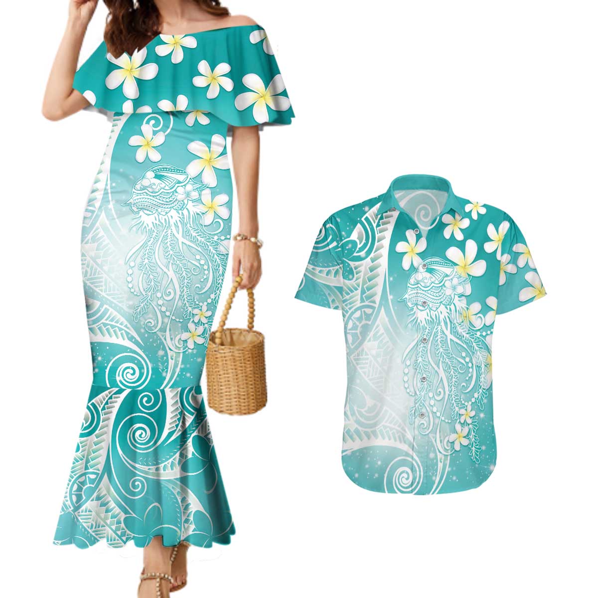 Polynesian Jellyfish Couples Matching Mermaid Dress and Hawaiian Shirt With Plumeria Teal