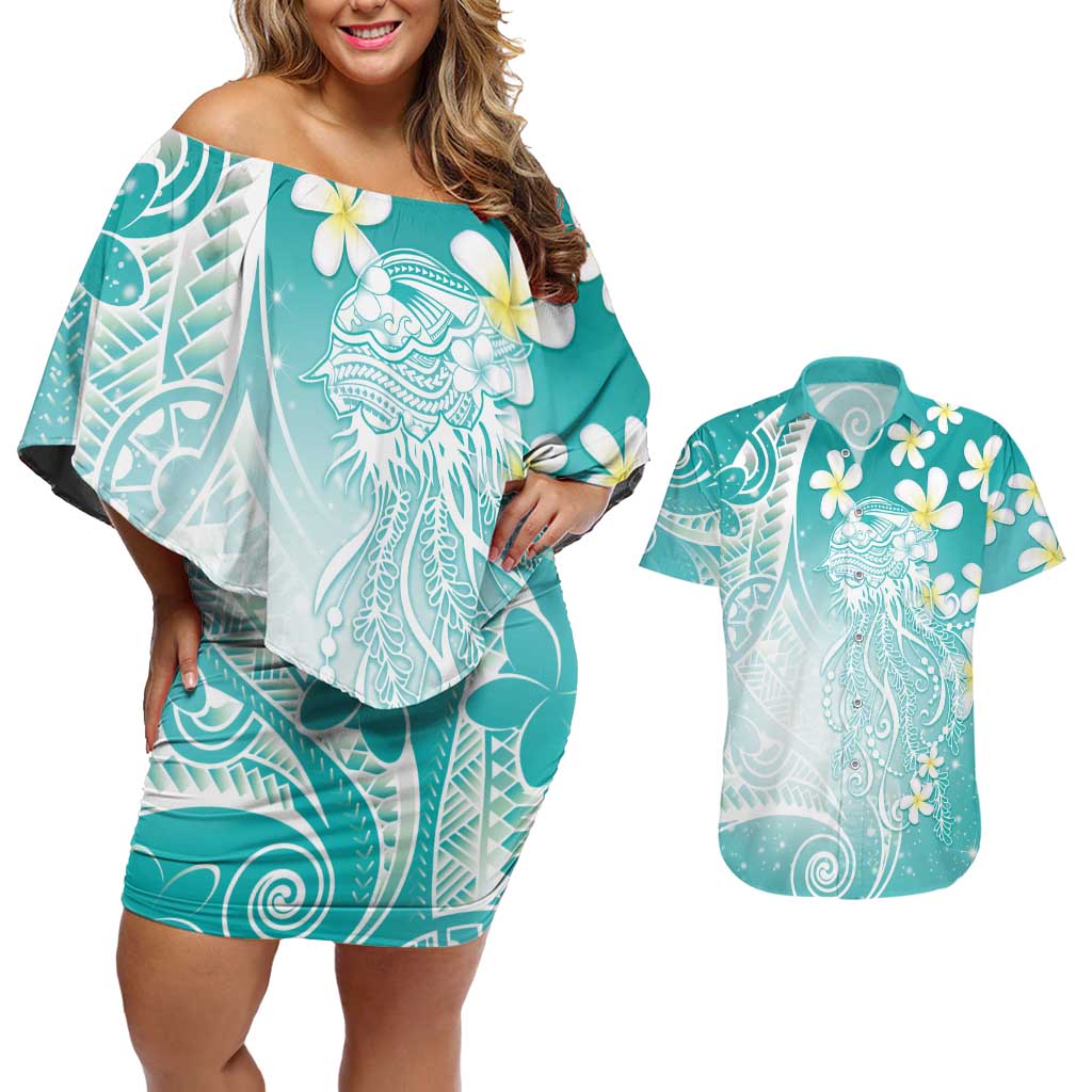 Polynesian Jellyfish Couples Matching Off Shoulder Short Dress and Hawaiian Shirt With Plumeria Teal LT05 Teal - Polynesian Pride