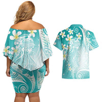 Polynesian Jellyfish Couples Matching Off Shoulder Short Dress and Hawaiian Shirt With Plumeria Teal