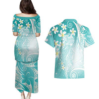 Polynesian Jellyfish Couples Matching Puletasi and Hawaiian Shirt With Plumeria Teal