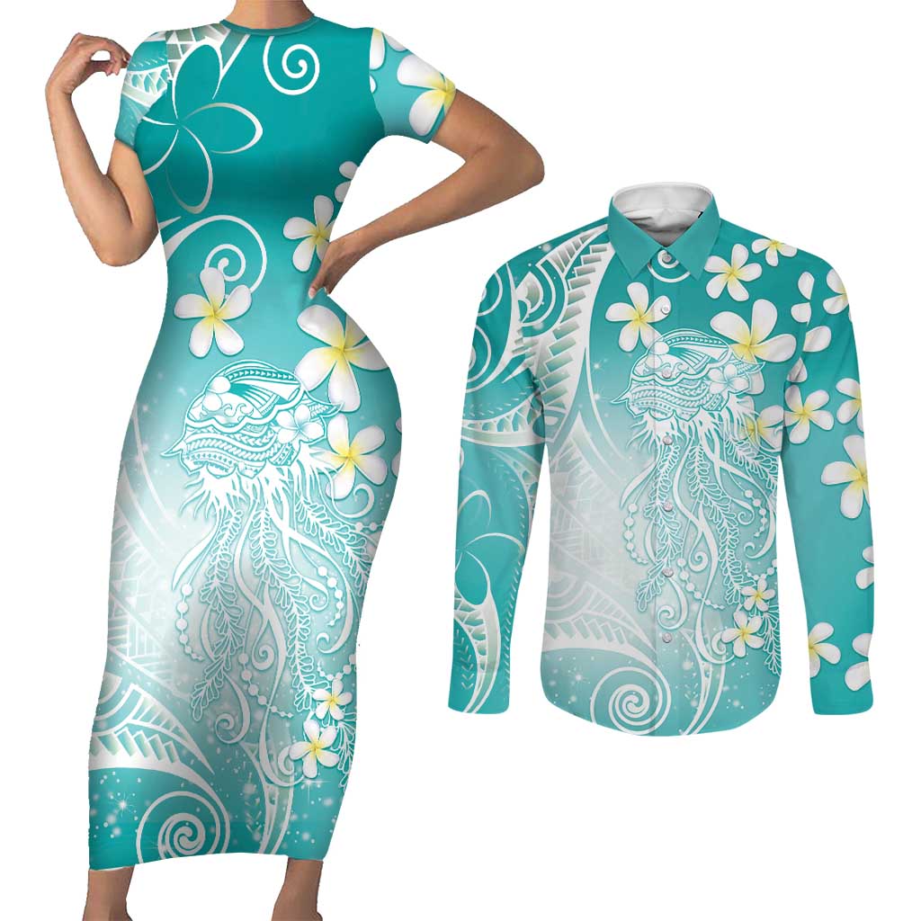 Polynesian Jellyfish Couples Matching Short Sleeve Bodycon Dress and Long Sleeve Button Shirt With Plumeria Teal