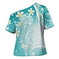 Polynesian Jellyfish Cross Shoulder Shirt With Plumeria Teal