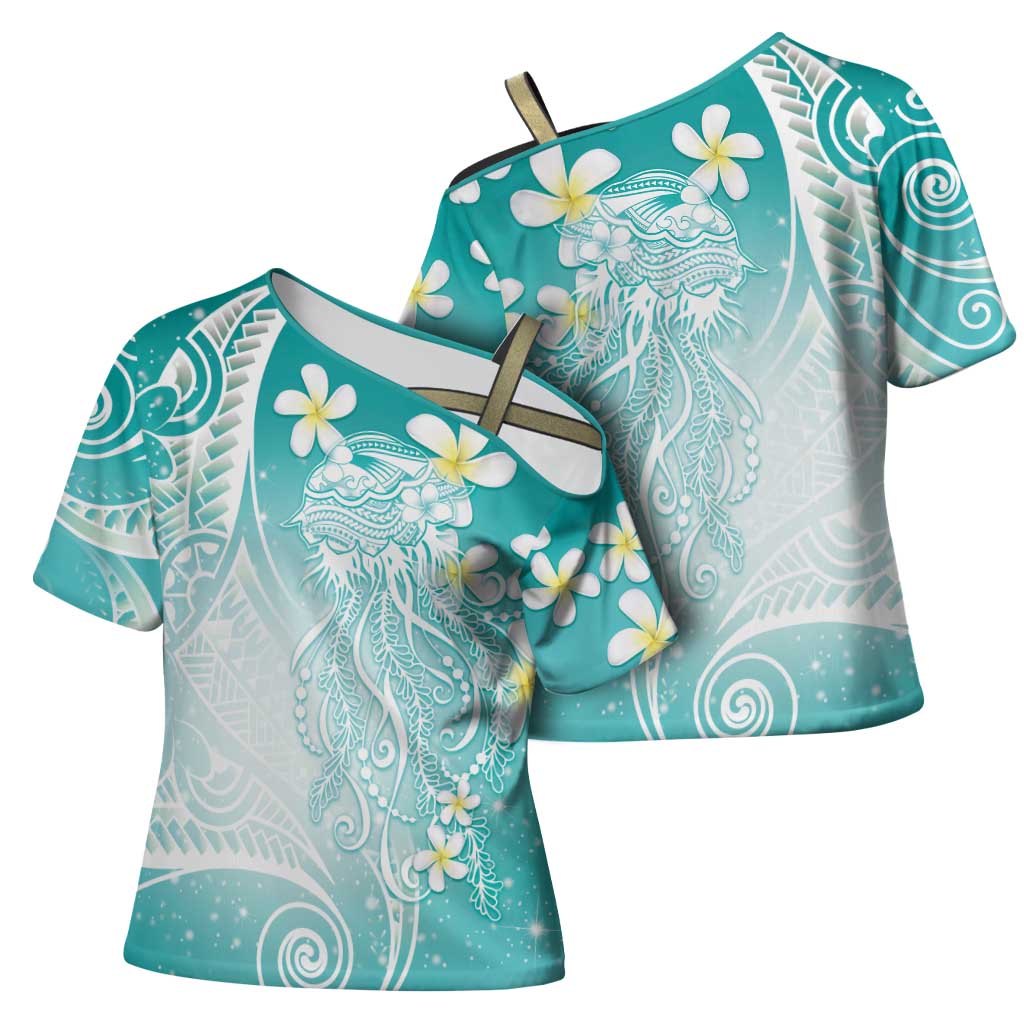 Polynesian Jellyfish Cross Shoulder Shirt With Plumeria Teal